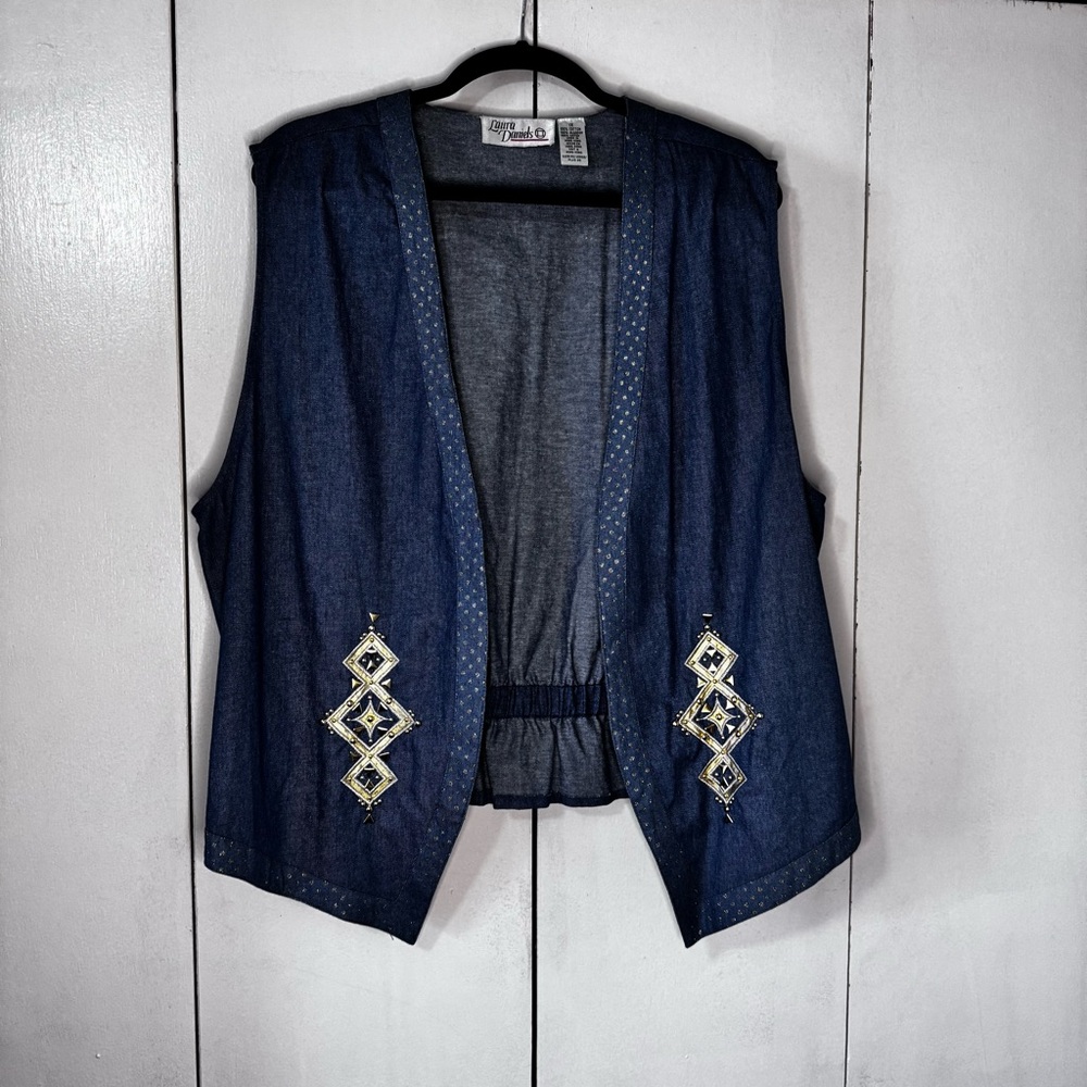 Laura Daniels Denim Vest 1X NWT Gold Embroidered Vintage Boho Western Y2K